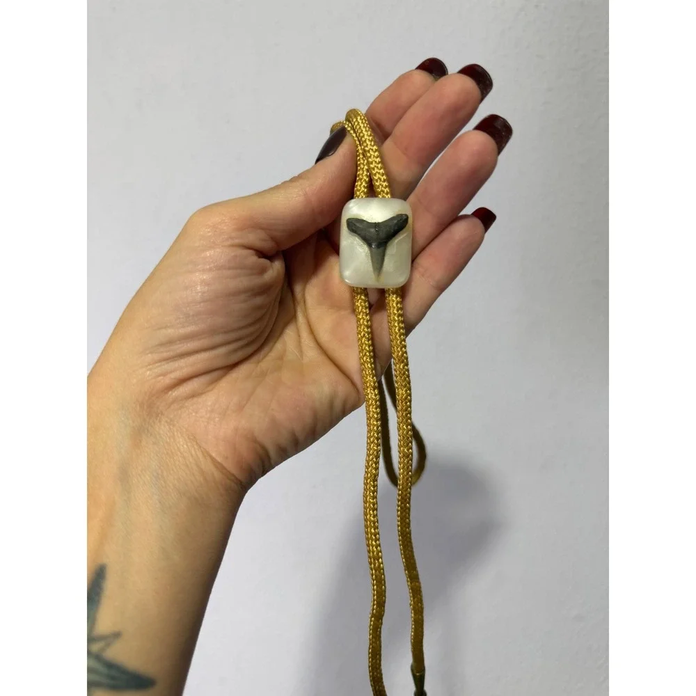 Vintage Shark Tooth Bolo Tie Gold Braided Cord Western Coastal Boho Accessory